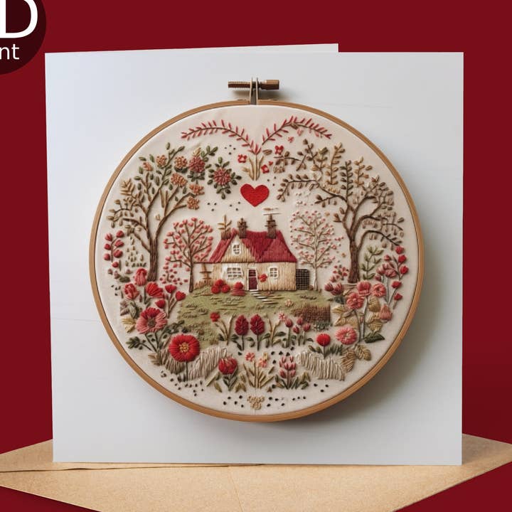 Carte imprimée 2D de chaumière folklorique brodée pour la vente par Good Post Day