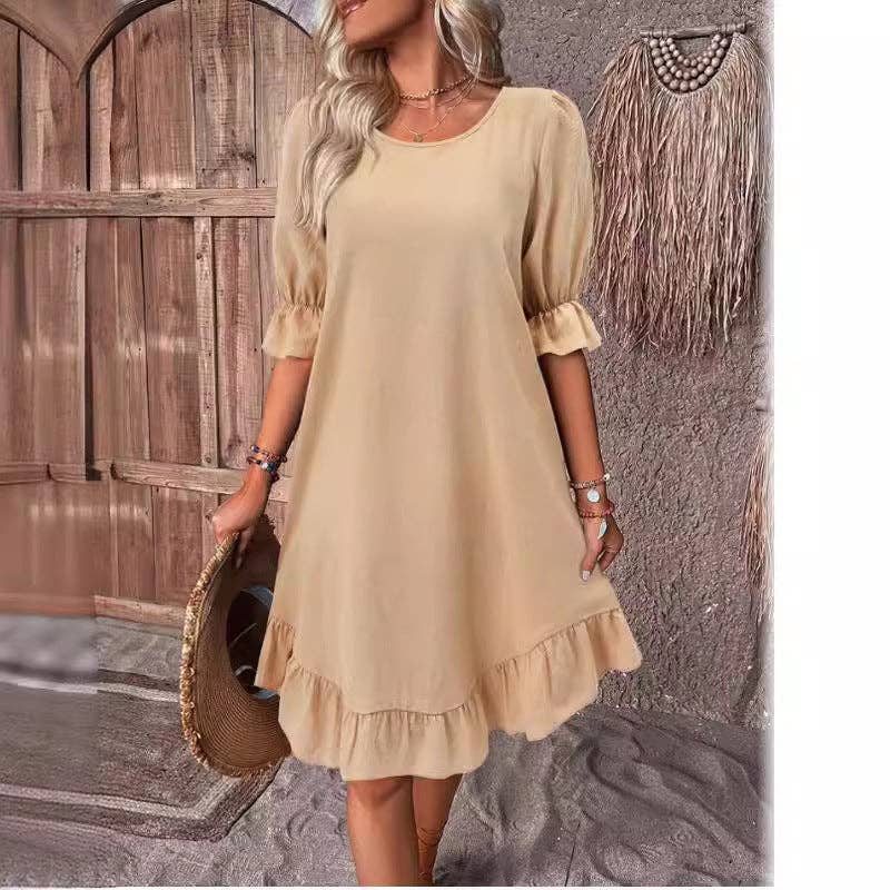 Masyal - Wholesale Jurk - Dames - Vintage katoenen en linnen effen kleur losse zoom jurk zomer11