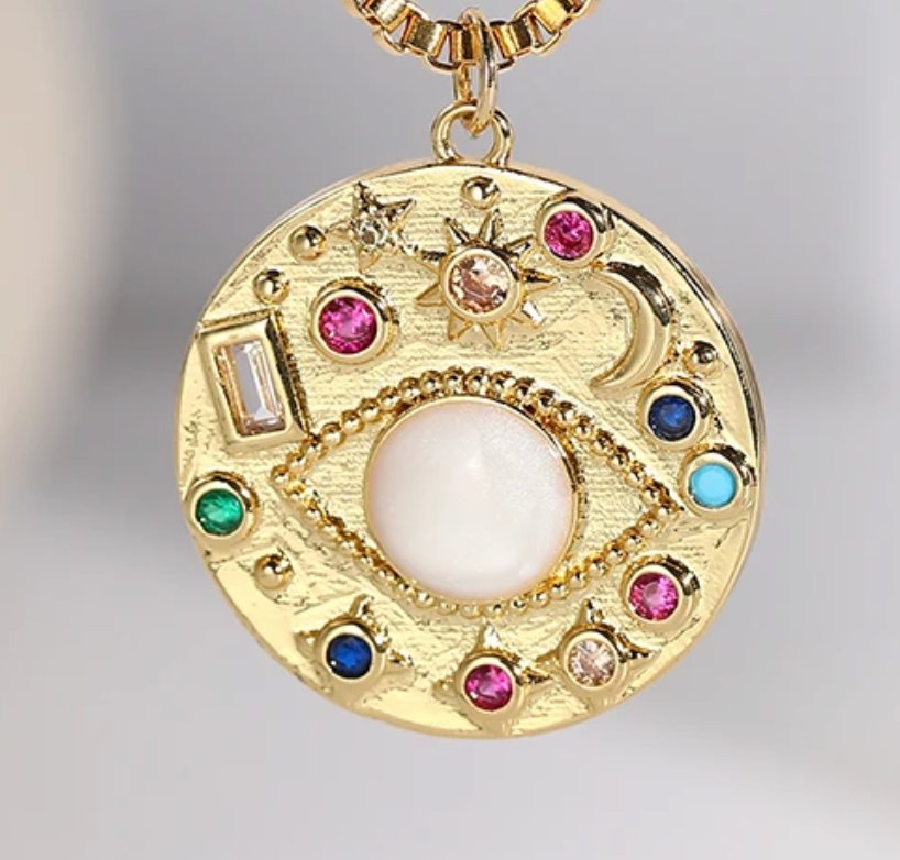 HoopLa - Venta al por mayor Collares con colgantes/abalorios - Collar Amuleto de Moneda Celestial con Tercer Ojo - acero4