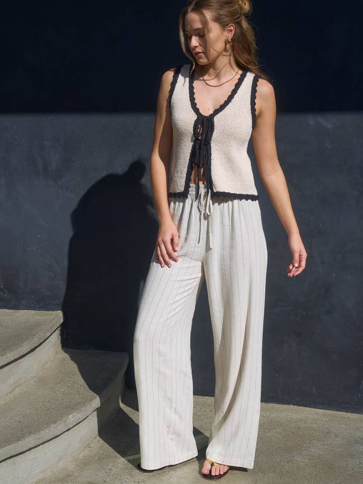 NATURAL CONTRAST SCALLOP TRIM DOUBLE FRONT TIE KNIT VEST for wholesale on Faire