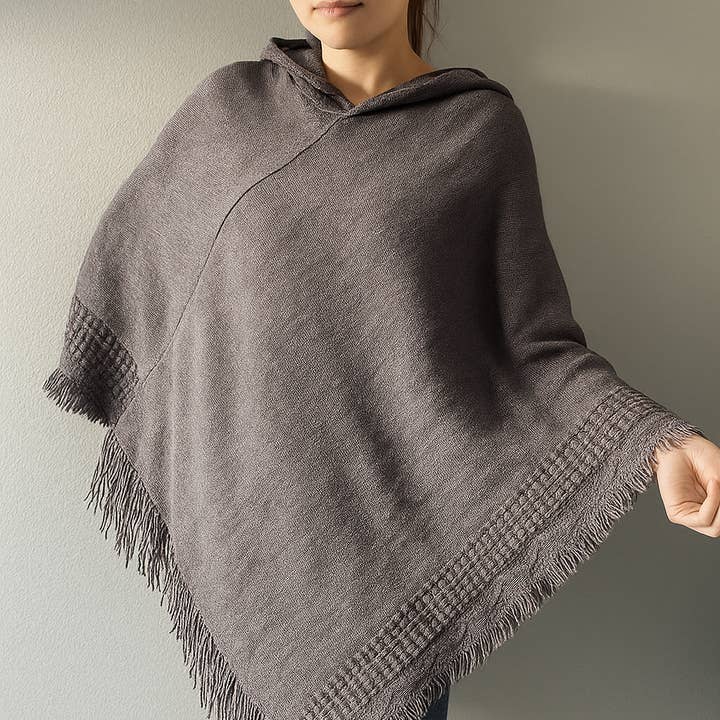 Grey Knit Fringed Hooded Poncho for wholesale by Fennco Styles