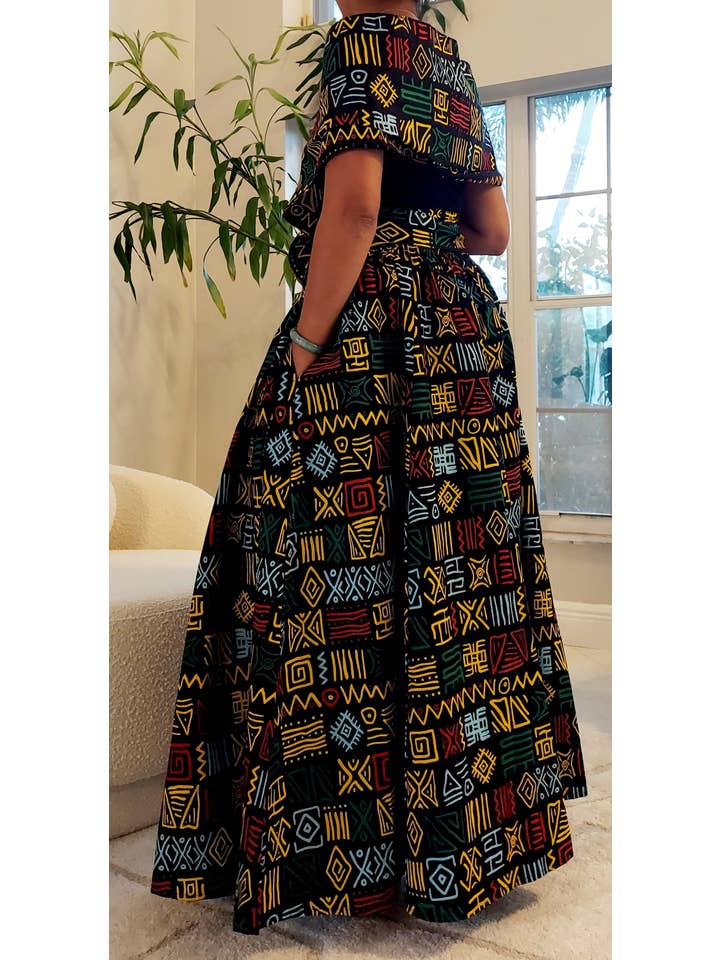 India Batik - Vente Ensemble haut et pantalon (PAS d'intérieur) - Femme - Pantalon Palazzo et chemisier cache-cœur - Noir/Rasta13