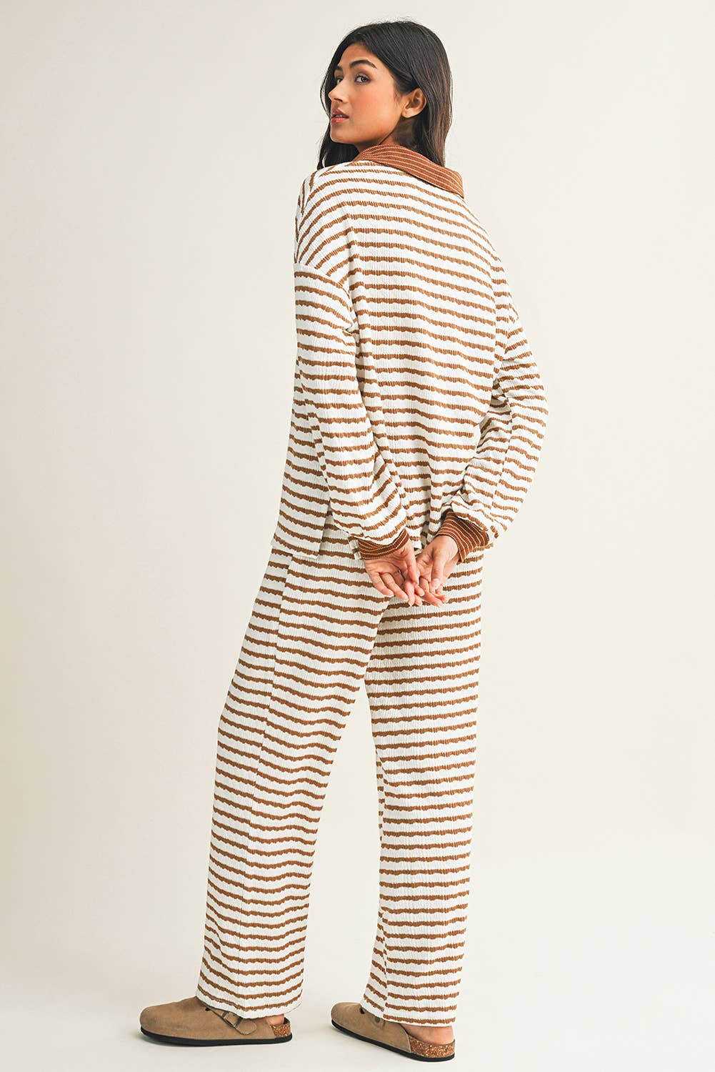 Little Daisy Closet - Wholesale Lounge Set - Women's -  LDC Stripe Collared Pullover Top and Drawstring Pant Set2