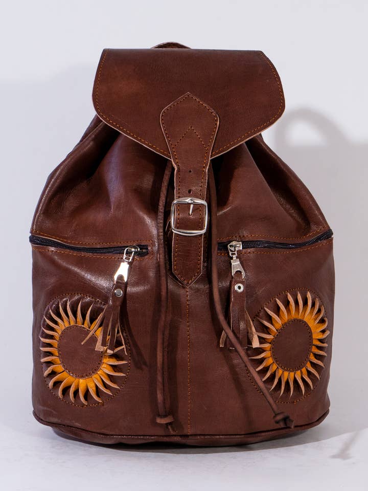 Handgjord brun läderryggsäck med solstrålemönster för wholesale av isli and tisli