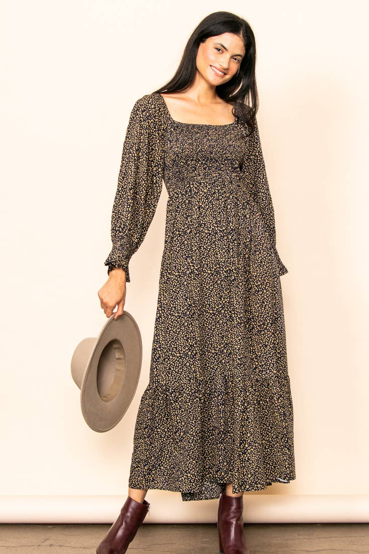Elloh Collection - Wholesale Dress - Women's - Flowy Leopard Print Square Neck Smocked Maxi Dress w Pockets9