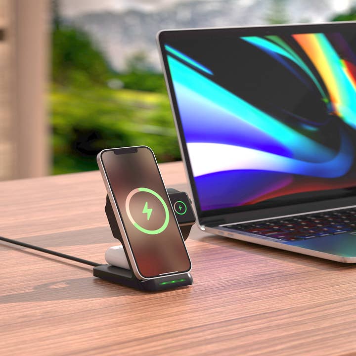 LAX Gadgets - Venta al por mayor Base de carga - Soporte de carga inalámbrico 3 en 1 para relojes y AirPods, paquete minorista6