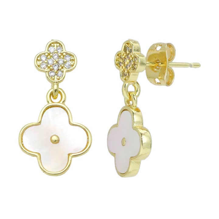 Clear CZ Clover Shape Gold Stud Earrings, Sku#LK961 for wholesale by BestBeads&Beyond