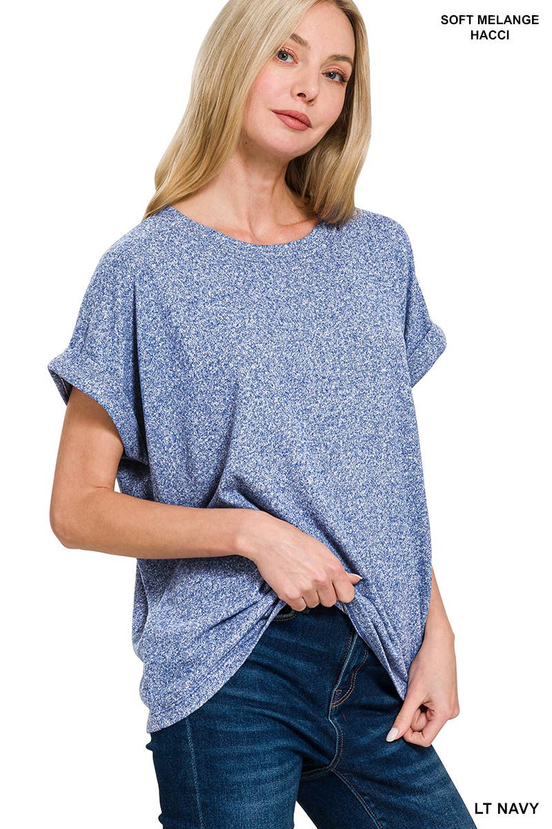 42POPS - Wholesale Knit Top - Women's - `.Soft Melange Folded Sleeve Round Neck Top7