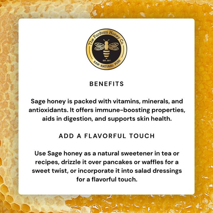 Fantozzi Honey Company - Wholesale Honey - Sage Raw Honey Jar - Gourmet Holiday Gift, 21 oz4