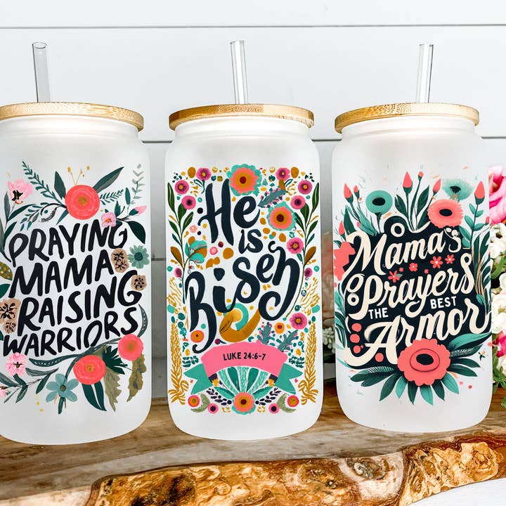 KraftyKathyDesignsCo - Wholesale Drinking Glass/Cup - Praying Mama Raising Warriors, Faith, Beer Can Glass