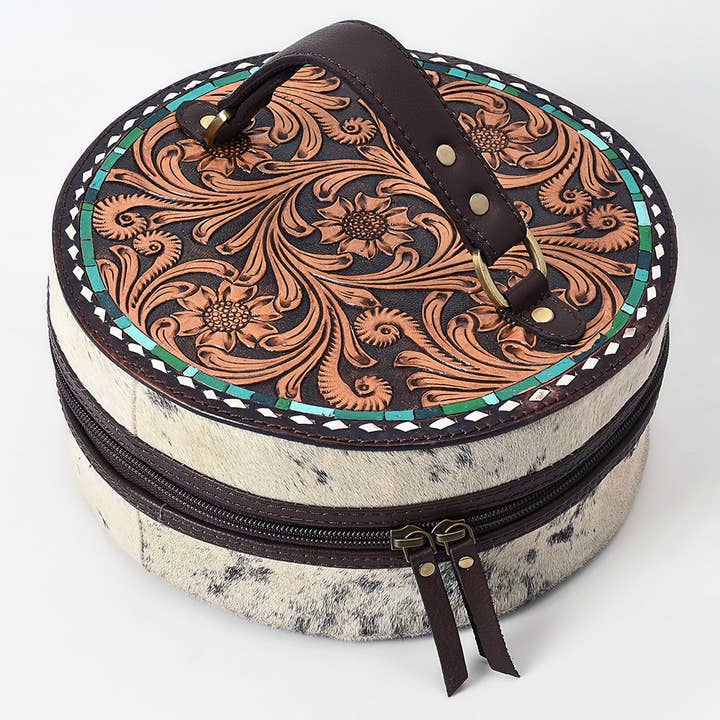 LS Western - Wholesale Jewelry Box/Organizer - ADBGA317 Hand-Tooled Round Hair-On Leather Jewelry Case Western Floral & Turquoise Inlay