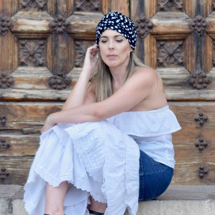 Petitama – Engroshandel Turban - Dame – Marineblå prikker turban hat til kvinder, kemo hoved wrap