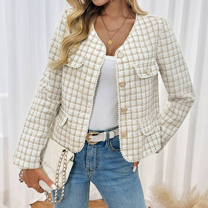 Apricot Elegant Pearl-Embellished Slim Fit Tweed Cardigan BFZY1764 for wholesale on Faire0