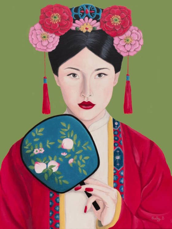 Chinoiserie art print vintage chinese woman holding a fan for wholesale by Sally B