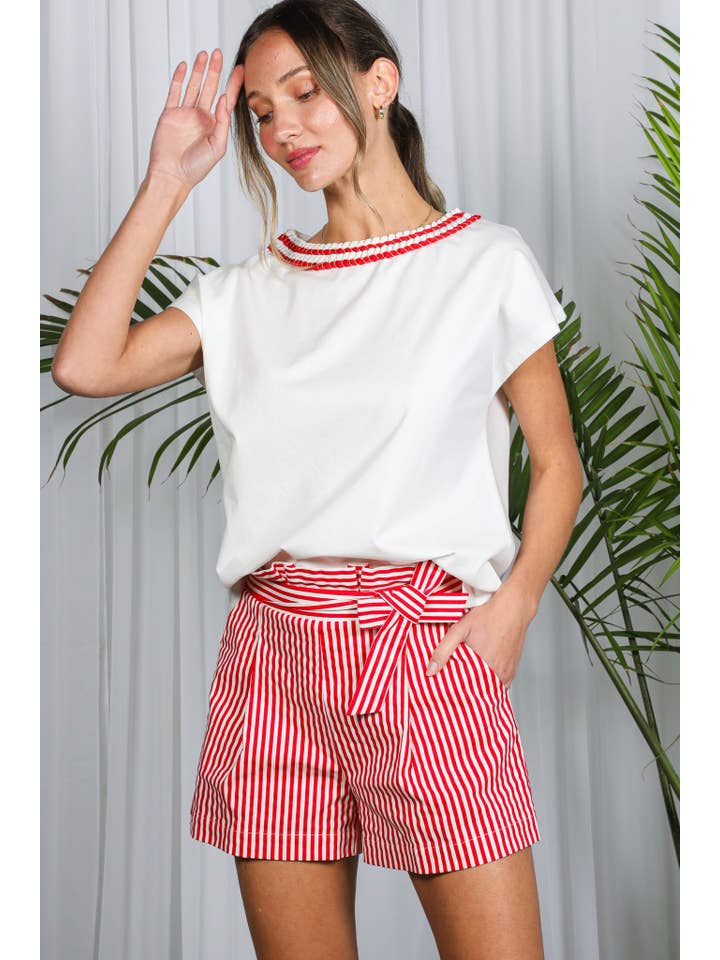 Vine & Love - Wholesale Knit Top - Women's - Braid Trim Round Neck Cotton Knit Top VT82394