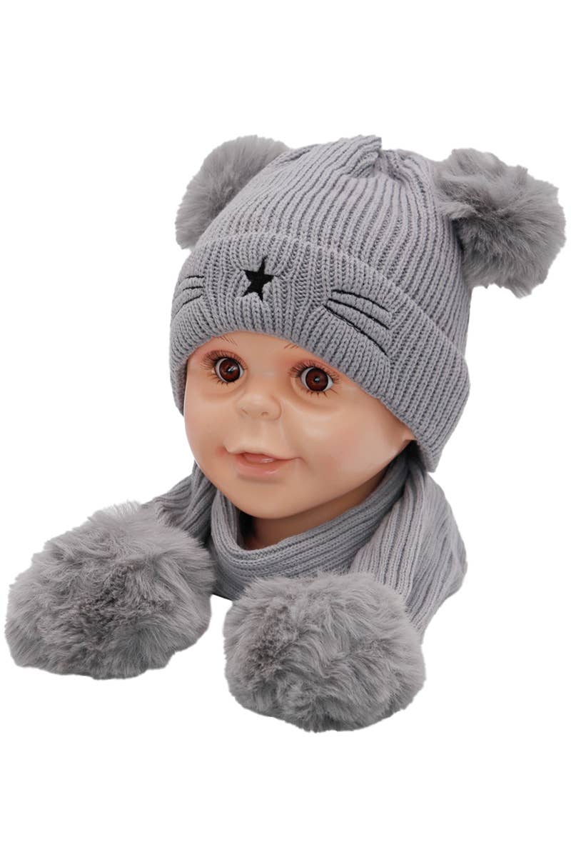 Cap Zone - Wholesale Beanie - Kids - Kids 2 Piece Kitty Cat Whiskers Pom Pom Beanie Scarf Set7