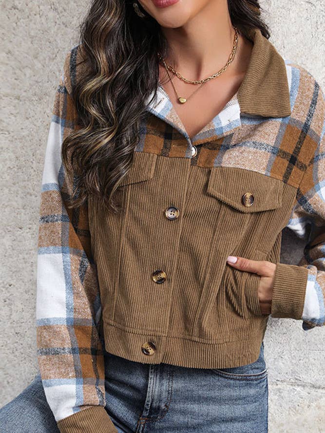Fall Khaki Plaid Colorblock Corduroy Jacket BFZY1215 for wholesale on Faire