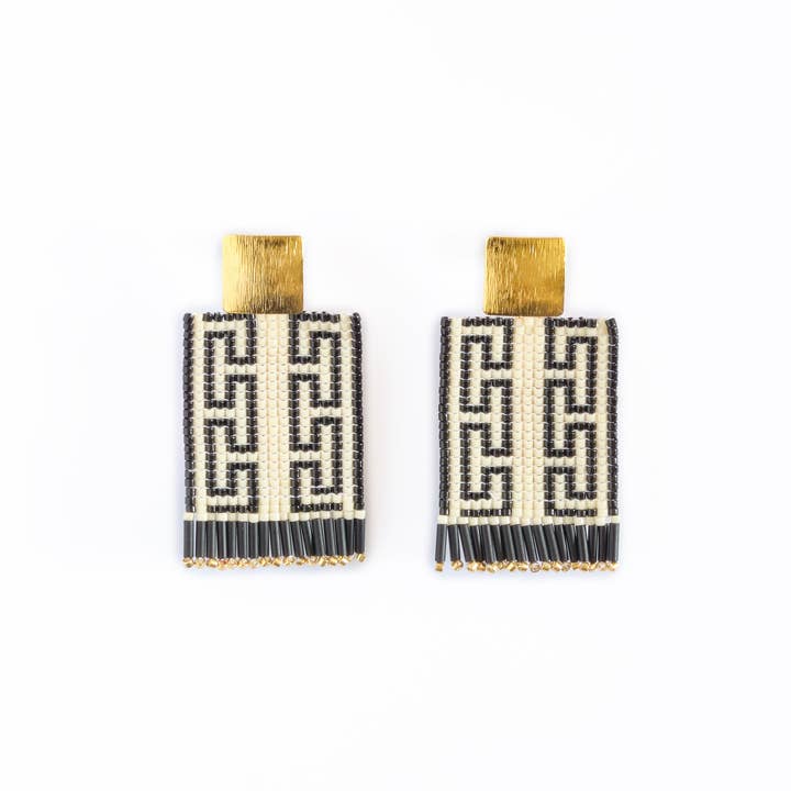 Mayana Designs Co - Wholesale Dangle Earrings - Beaded Handwoven Guajira Square Earrings (Cream/Black)