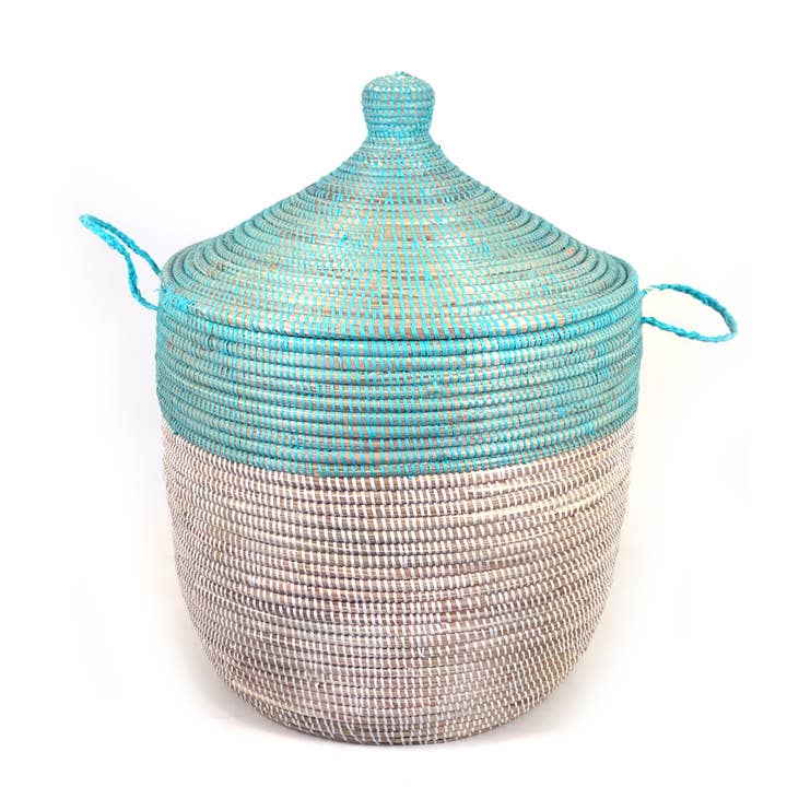 Mbare Home + Gift - Wholesale Basket - Senegalese Hamper - Two Tone Turquoise and White5