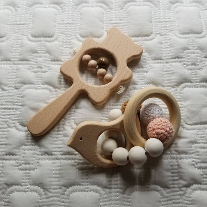 Beech Wood Bear & Bird Rattle Set for wholesale by D & C TOYS