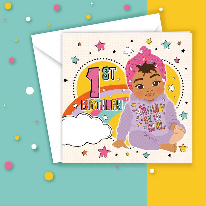 First Birthday Card - Afro Mixed-Race Girls | Fefus Designs for wholesale by Fefus Designs