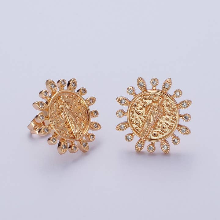 Aim Eternal - Wholesale Stud/Post Earrings - Gold Saint Jude Sun Medallion San Judas Stud Earring AE1046