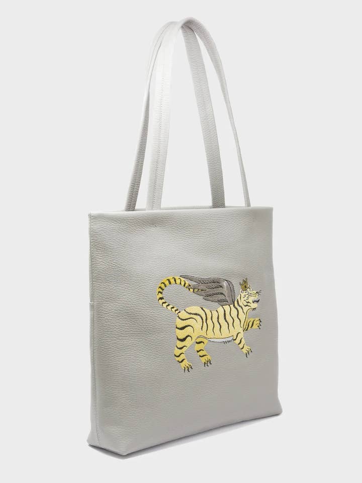 Matt Moonwalk Gray Leather Tote Bag - Winged Tiger Embroidery for wholesale by Min & Mon