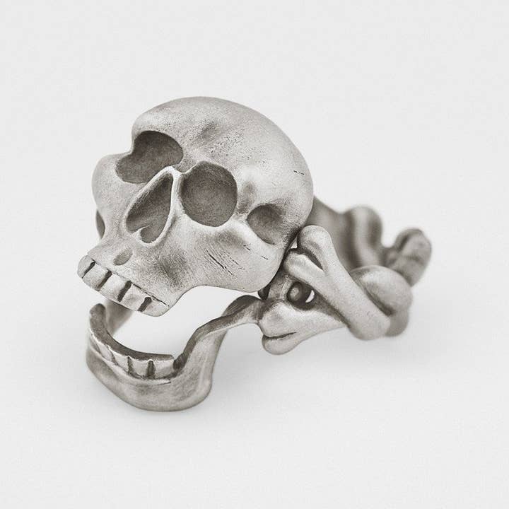 Skull and Crossbones Ring with Hinged Jaw for wholesale by Snake Bones