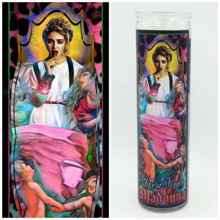 Like a Virgin Madonna Celebrity Prayer Candle for wholesale by Kitschup Creations