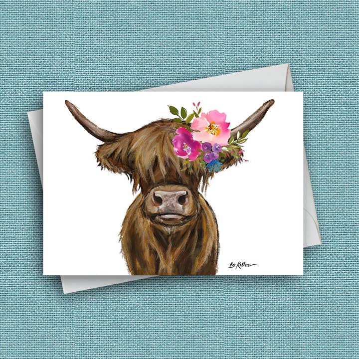 Bright Blooms Highland Cow Card 'Penny', søde ko kort for engroshandel hos Hippie Hound Studios