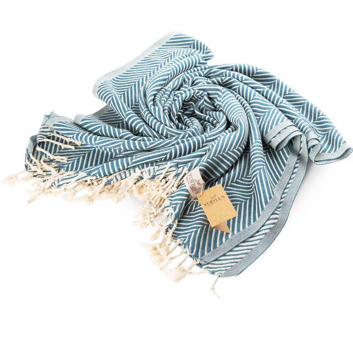 YURTLU'S Sapphire Series Turkish Beach Towel Pre-Washed 38"x72" Quick Dry and Highly Absorbent Oversized Sand-Free Stylish and Versatile for Beach, Spa, and Home Light 100% Cotton Peshtemal - Petrol Blue for wholesale on Faire1