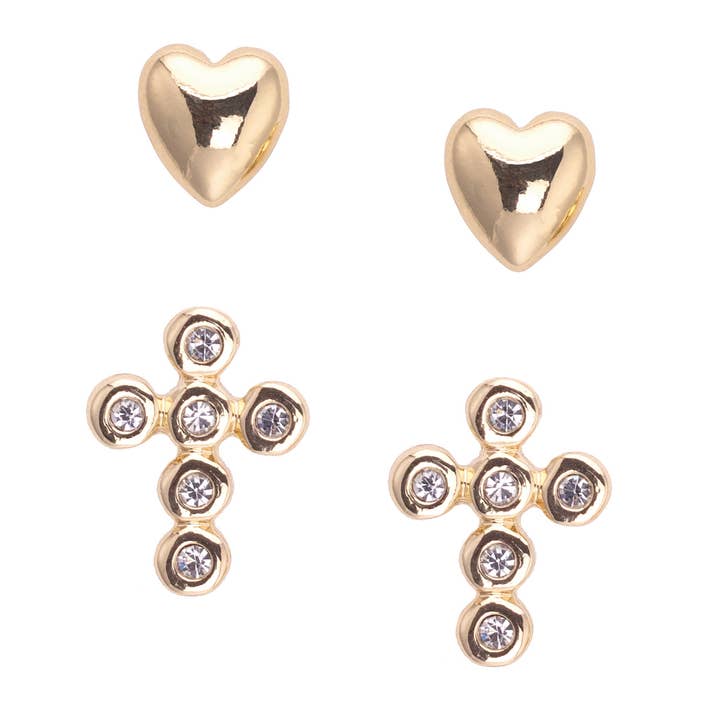Tatum Heart & Pave Cross Children's Stud Earrings Set of 2 for wholesale by Canvas Style