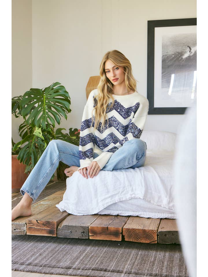 idem ditto - Wholesale Knit Sweater - Women's - TWO TONE CHEVRON SWEATER WITH TRENDY CLEAR SEQUIN