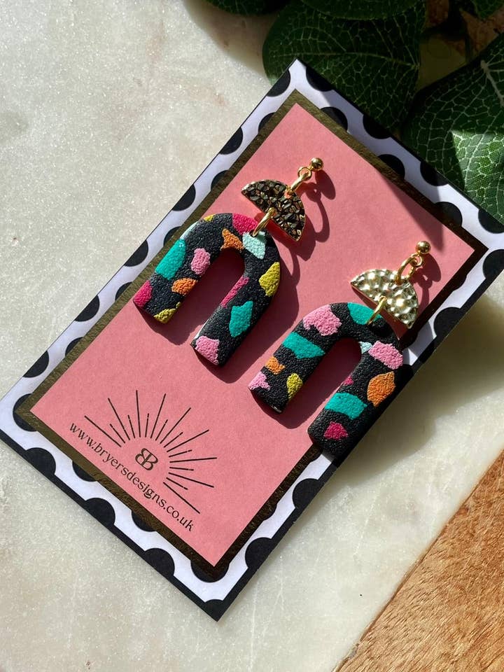 Black Tutti Fruitti Arch Dangle Statement Earrings for wholesale by Bryers Designs