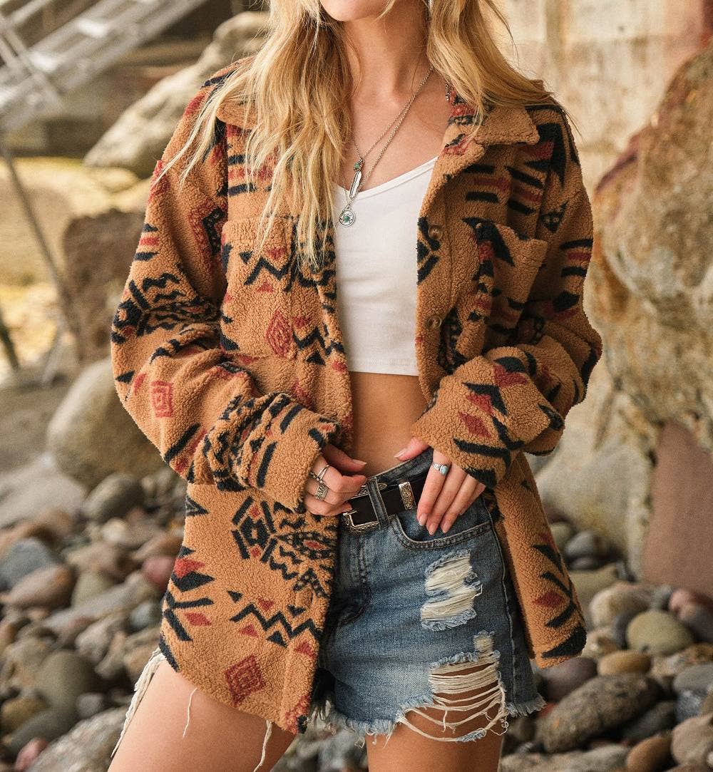 Camel Vintage Plush Lapel Long-Sleeved Jacket for wholesale on Faire3