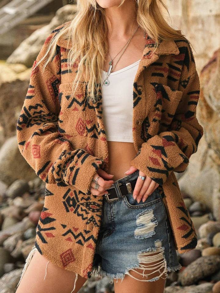 Camel Vintage Plush Lapel Long-Sleeved Jacket for wholesale on Faire3