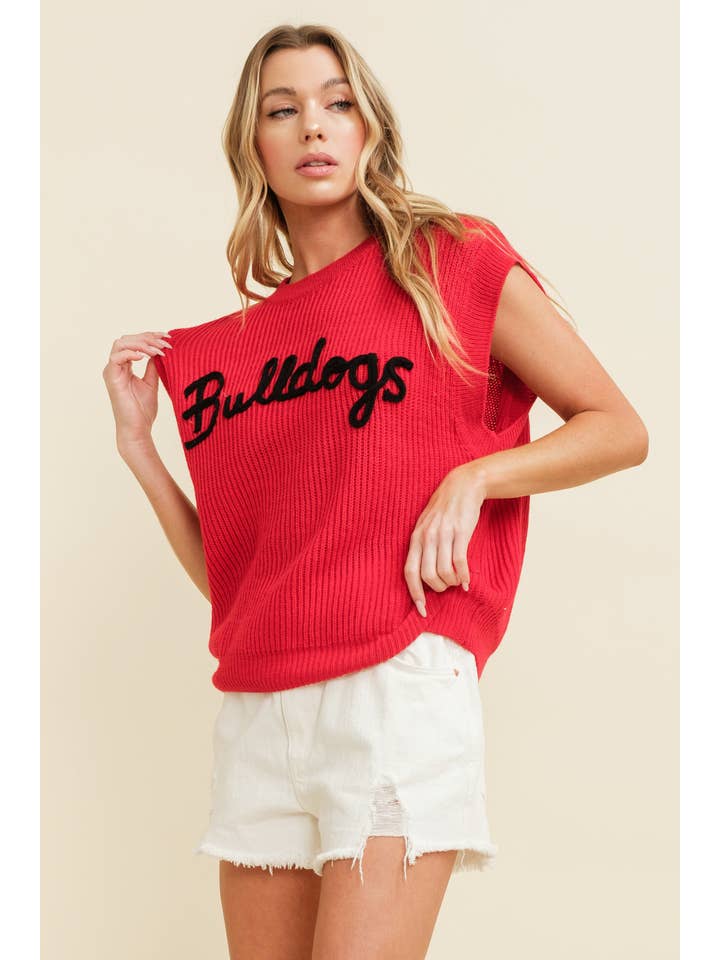 Red CSW10210 - 'BULLDOGS" EMBROIDERED SLEEVELESS SWEATER TOP for wholesale on Faire