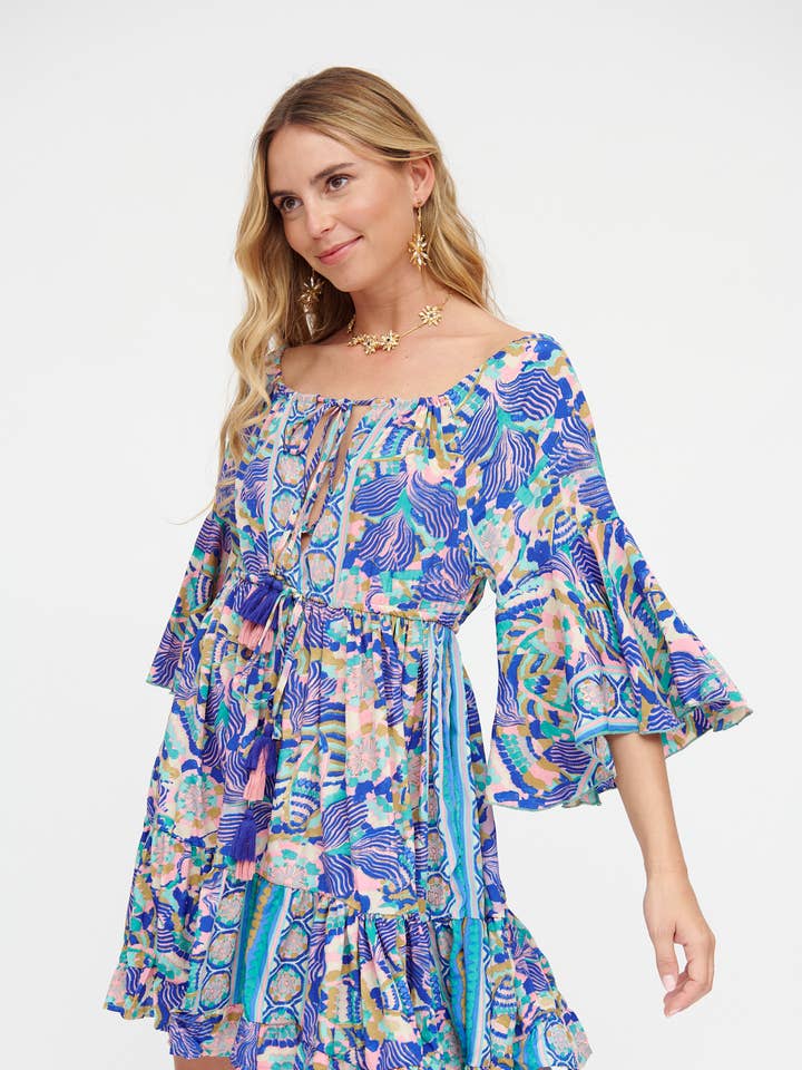 VESTIDO CORTO 100% SEDA FRÍA, ESTAMPADO OFF SHOULDER para venta al por mayor de Nats Store