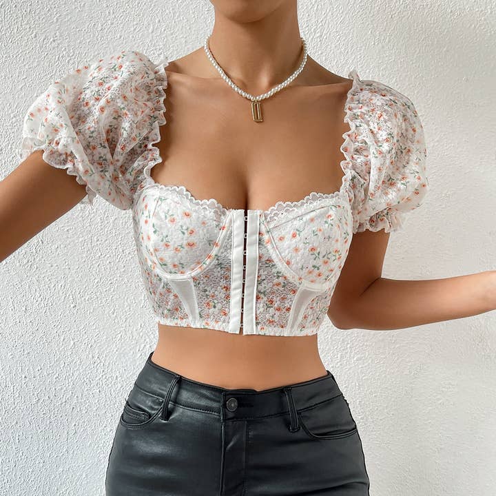 HIDDENBRAND - Wholesale Blouse - Women's - Mesh puff sleeves milkmaid crop top