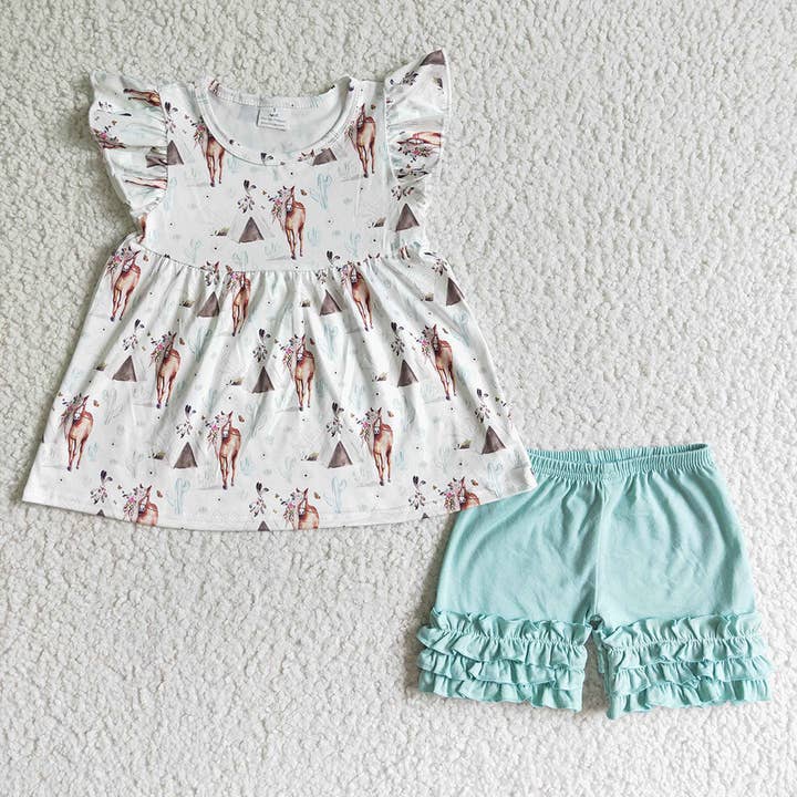 Baby girls horse teepee western pearl top icing ruffle short for wholesale by Aier Wholesale