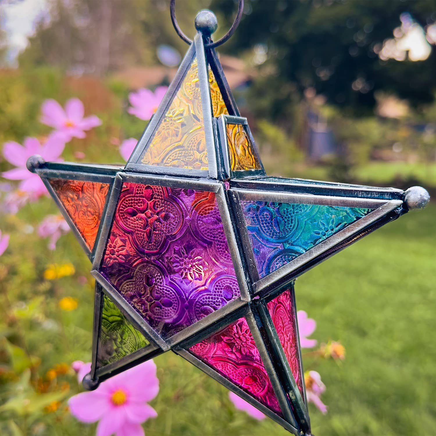 In the Breeze, LLC. - Wholesale Candle Holder - Rainbow 5-Point Star Hanging Tealight Lantern2