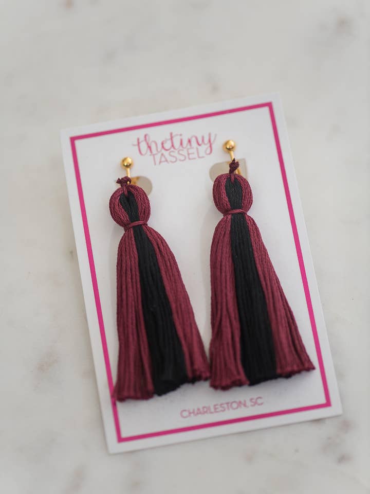 The Lilly Clip-On Tassel Earring in Garnet & Black for wholesale by The Tiny Tassel
