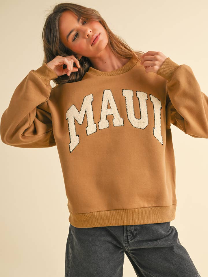 MIOU MUSE - Wholesale Graphic Sweatshirt - Women's - T3062 BOUCLE LETTER PATCH SWEAT SHIRTS
