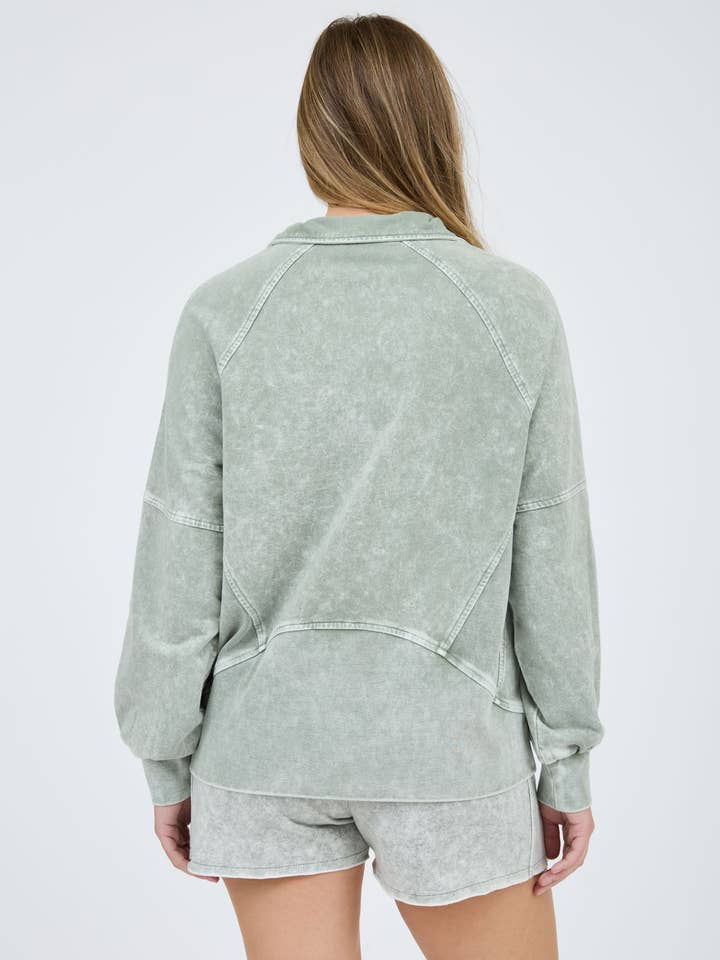 Blu Pepper - Wholesale Knit Top - Women's - WASHED HALF ZIP FRONT POCKET LONG SLEEVE KNIT TOP
