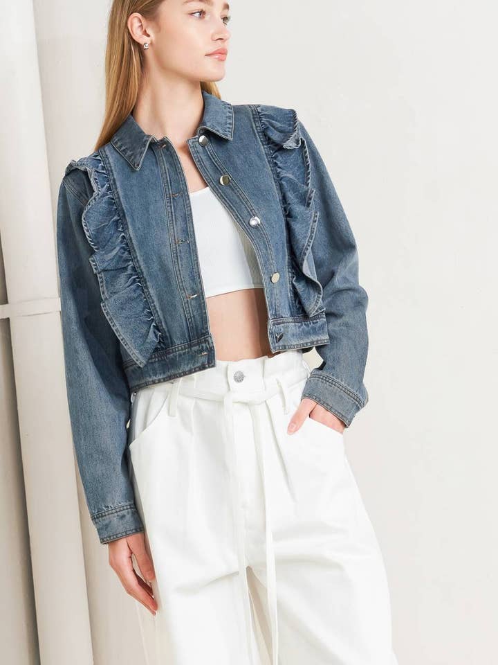 A washed denim crop jacket - FJ1349 for wholesale by FLYING TOMATO