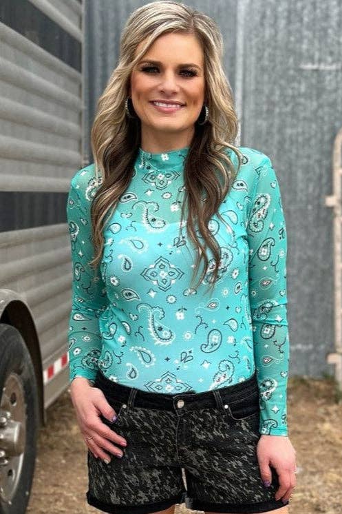 Sterling Kreek - Wholesale Blouse - Women's - Bandana Babe Mesh Top Turquoise1