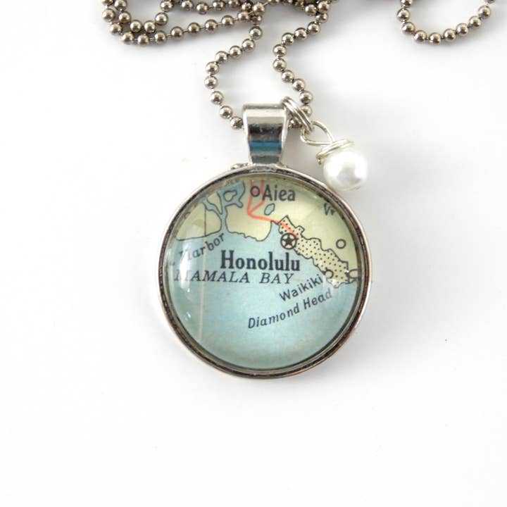 Honolulu Map One-inch Pendant Necklace for wholesale by KraftyKash Designs