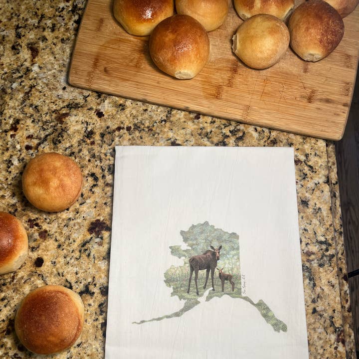 Mama Moose and Calf Alaska Artisan Tea Towel for wholesale by Sea Spray AK