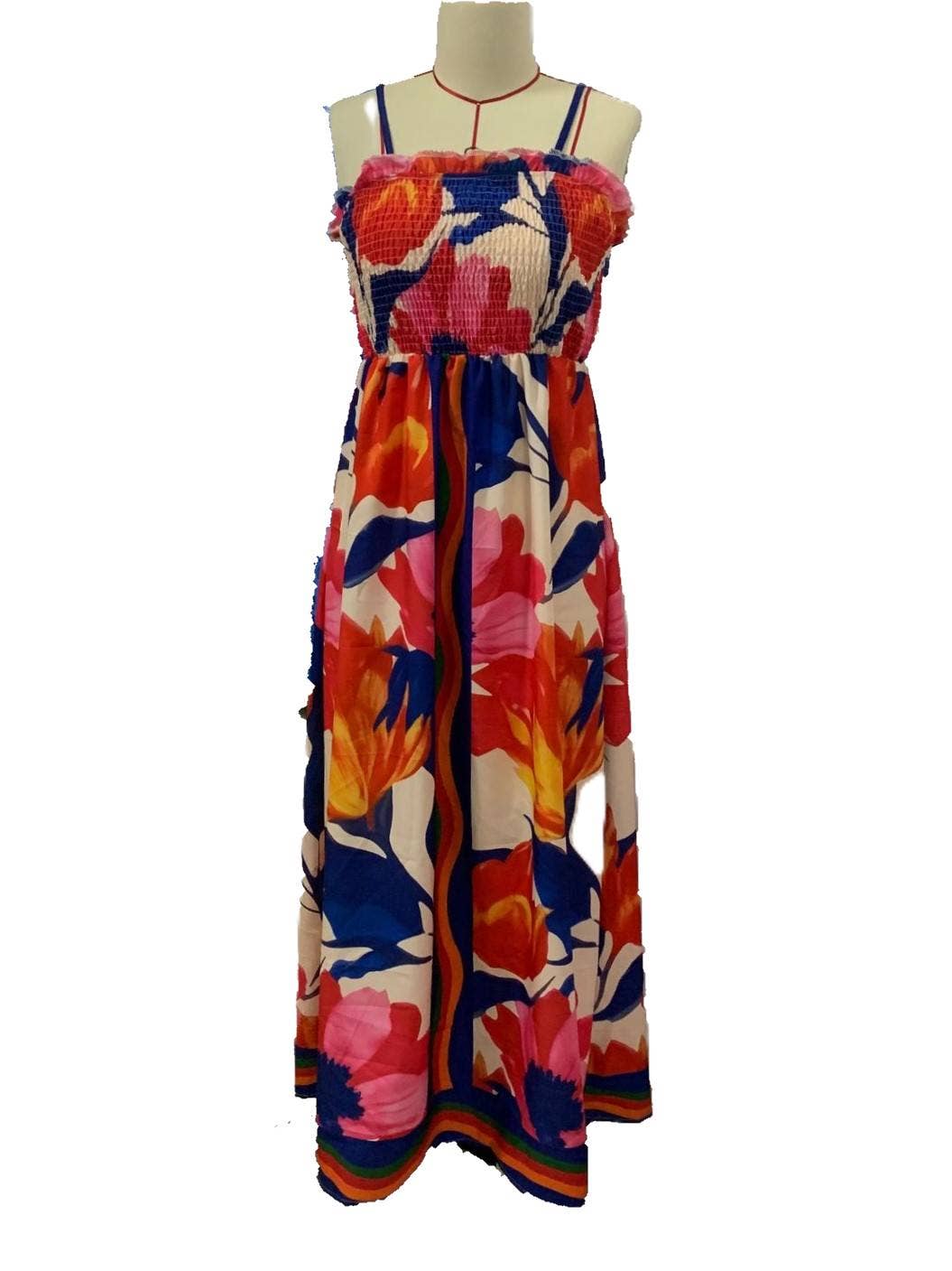 Rosa Clothing - Wholesale Dress - Women's - Boho Color Block Tropical Smocked Slip Dress0