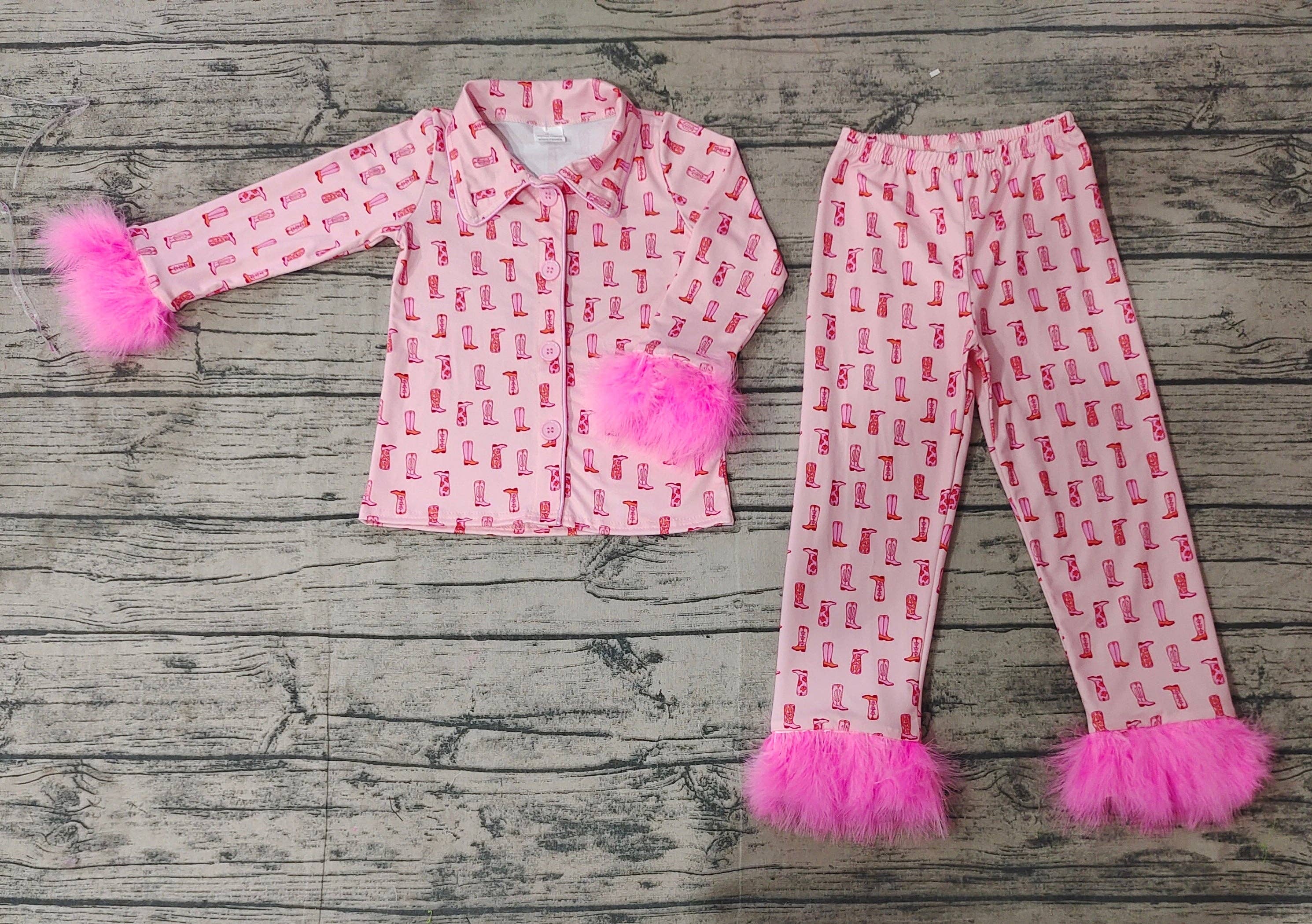 Aier Wholesale - Wholesale Sleepwear Set - Kids - Baby Girls Western Pink Boots Fur Top Pants Pajamas Clothes Sets1